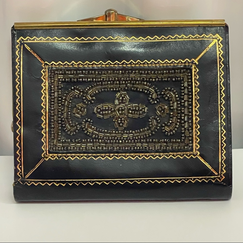 Daniel De Paris Beaded Ladies Leather Wallet Coin Purse Black Gold Vintage